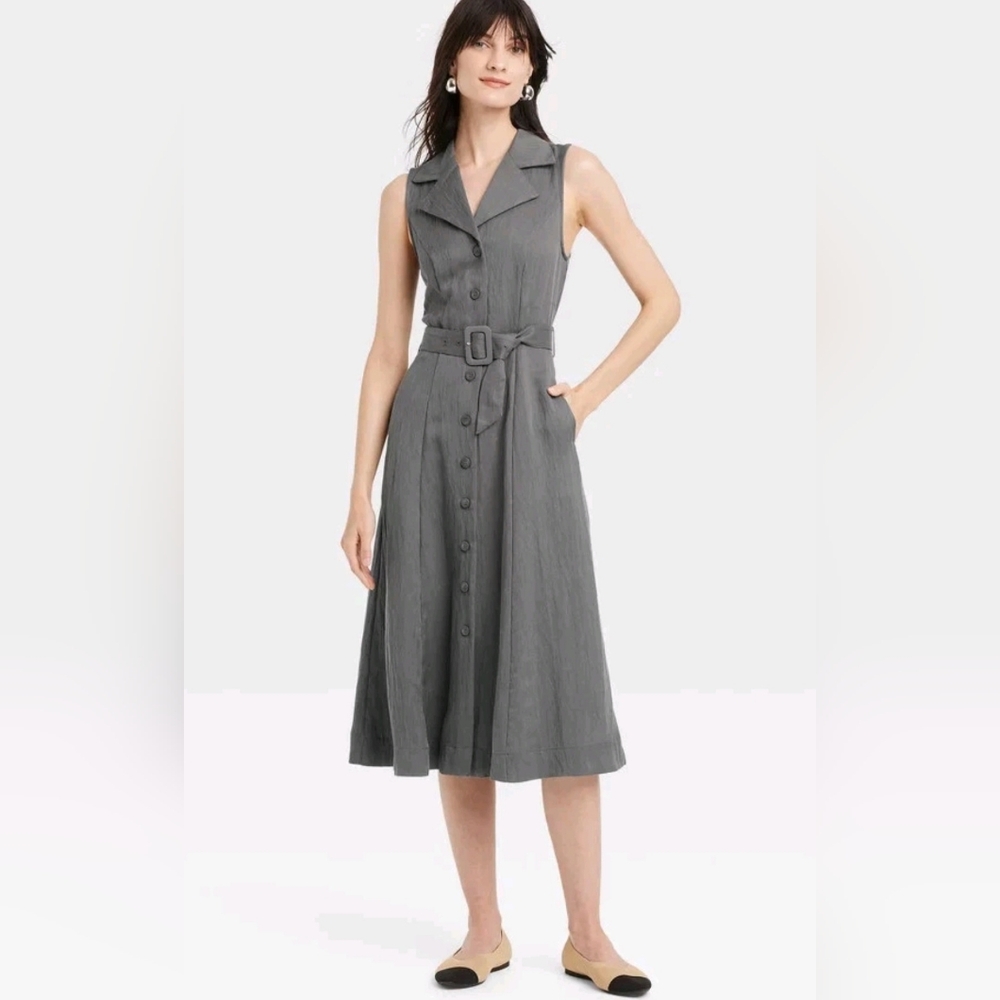 Women's Tie-Waist Midi Shirtdress - A New Day.  Elegant Gray Sleeveless Dress - Picture 2 of 3